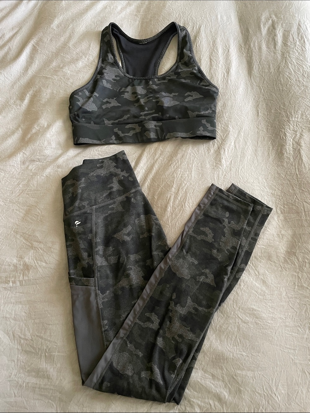 Fabletics Black Camo High-Waist Leggings & Racerback Sports Bra Set